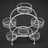 PS06MT0016b Ferris wheel-inspired white galvanised steel plant stand with five circular tiers around a bold round frame. Rust-resistant, powder-coated finish creates a striking multi-plant display centerpiece.
