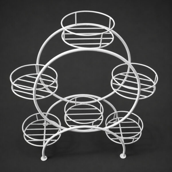 PS06MT0016b Ferris wheel-inspired white galvanised steel plant stand with five circular tiers around a bold round frame. Rust-resistant, powder-coated finish creates a striking multi-plant display centerpiece.
