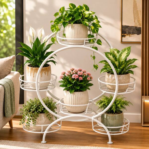 PS06MT0016c Ferris wheel-inspired white galvanised steel plant stand with five circular tiers around a bold round frame. Rust-resistant, powder-coated finish creates a striking multi-plant display centerpiece.