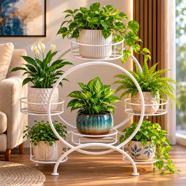 PS06MT0016d Ferris wheel-inspired white galvanised steel plant stand with five circular tiers around a bold round frame. Rust-resistant, powder-coated finish creates a striking multi-plant display centerpiece.