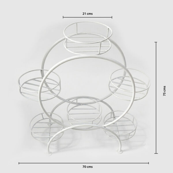 PS06MT0016e Ferris wheel-inspired white galvanised steel plant stand with five circular tiers around a bold round frame. Rust-resistant, powder-coated finish creates a striking multi-plant display centerpiece.