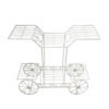 PS06MT0017a Whimsical white galvanised steel plant cart with wheel-shaped accents and five staggered tiered shelves. Rust-resistant, powder-coated finish adds decorative, vintage-inspired charm to garden or patio plant displays.
