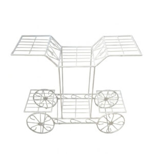 Whimsical white galvanised steel plant cart with wheel-shaped accents and five staggered tiered shelves. Rust-resistant, powder-coated finish adds decorative, vintage-inspired charm to garden or patio plant displays.