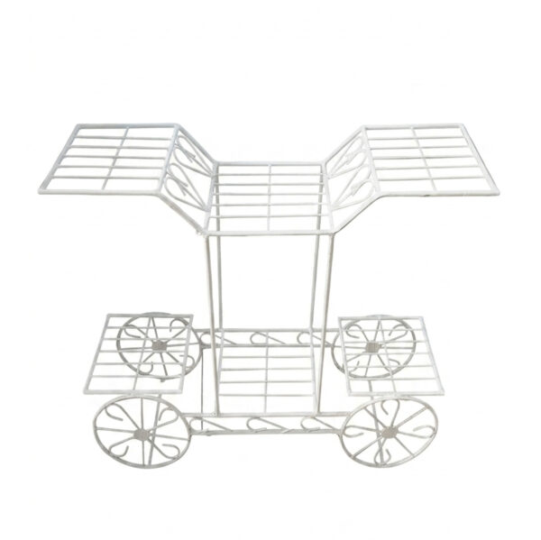 PS06MT0017a Whimsical white galvanised steel plant cart with wheel-shaped accents and five staggered tiered shelves. Rust-resistant, powder-coated finish adds decorative, vintage-inspired charm to garden or patio plant displays.