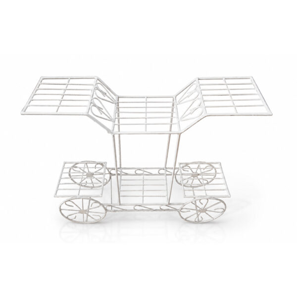 PS06MT0017b Whimsical white galvanised steel plant cart with wheel-shaped accents and five staggered tiered shelves. Rust-resistant, powder-coated finish adds decorative, vintage-inspired charm to garden or patio plant displays.
