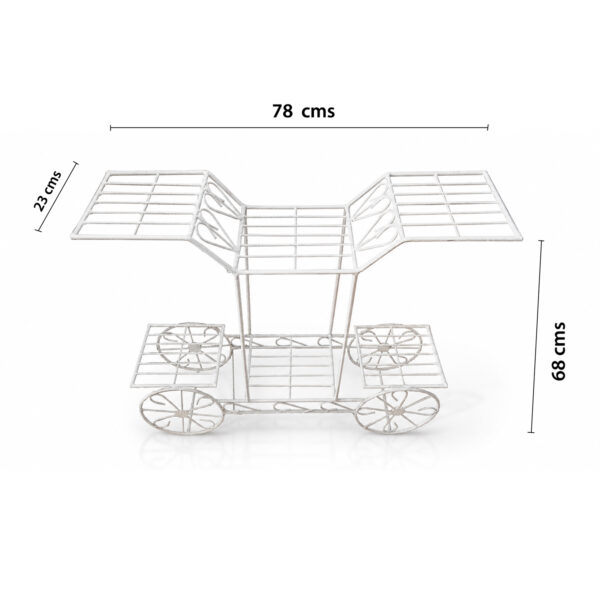 PS06MT0017d Whimsical white galvanised steel plant cart with wheel-shaped accents and five staggered tiered shelves. Rust-resistant, powder-coated finish adds decorative, vintage-inspired charm to garden or patio plant displays.