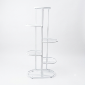 Tall white galvanised steel plant stand with five staggered half-round shelves in a zigzag layout. Rust-resistant, powder-coated finish makes it ideal for displaying multiple plants in a compact footprint.