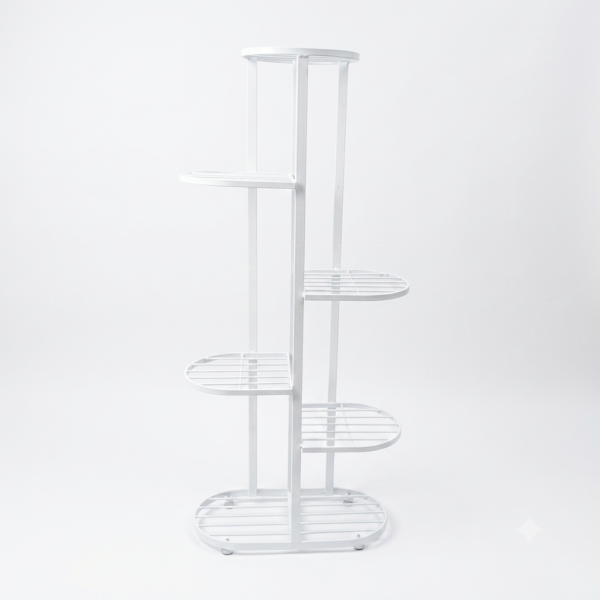 PS07MT0019a Tall white galvanised steel plant stand with five staggered half-round shelves in a zigzag layout. Rust-resistant, powder-coated finish makes it ideal for displaying multiple plants in a compact footprint.