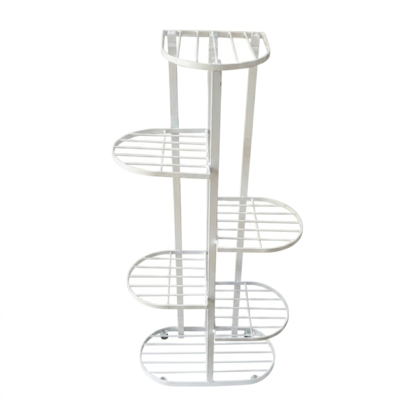 PS07MT0019b Tall white galvanised steel plant stand with five staggered half-round shelves in a zigzag layout. Rust-resistant, powder-coated finish makes it ideal for displaying multiple plants in a compact footprint.