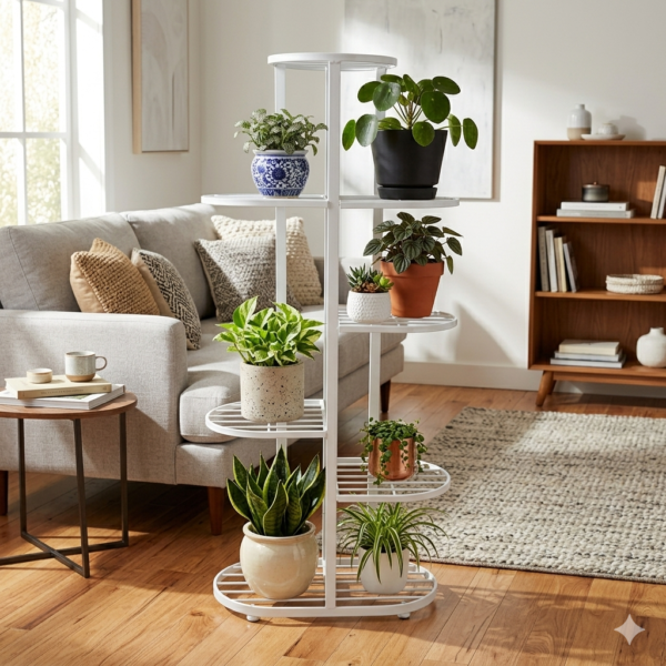 PS07MT0019c Tall white galvanised steel plant stand with five staggered half-round shelves in a zigzag layout. Rust-resistant, powder-coated finish makes it ideal for displaying multiple plants in a compact footprint.