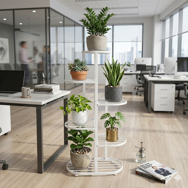 PS07MT0019d Tall white galvanised steel plant stand with five staggered half-round shelves in a zigzag layout. Rust-resistant, powder-coated finish makes it ideal for displaying multiple plants in a compact footprint.