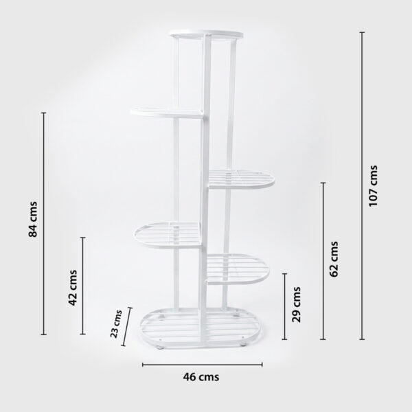 PS07MT0019e Tall white galvanised steel plant stand with five staggered half-round shelves in a zigzag layout. Rust-resistant, powder-coated finish makes it ideal for displaying multiple plants in a compact footprint.