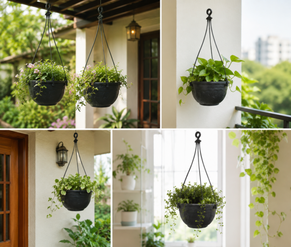8 inches Round | Black Hanging Pot | Plastic Hanging Pot | Lightweight and Sturdy | Suitable for Indoor / Outdoor and can be hanged in Balcony, Courtyard, Window, Porch, Garden