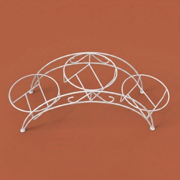 PS03MT0009e Arched galvanised steel plant stand with three tiered planter holders and decorative scrollwork. Rust-resistant, powder-coated finish creates a striking multi-level display for gardens or patios.