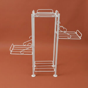 Tall white galvanised steel plant stand with staggered side shelves at multiple heights. Rust-resistant, powder-coated finish offers a striking multi-tier display for plants indoors or outdoors.