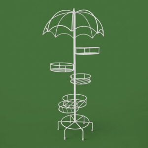 PS05MT0018a Tall white galvanised steel plant stand with an umbrella-shaped canopy top and six staggered circular tiers. Rust-resistant, powder-coated finish creates a whimsical, statement multi-plant display.