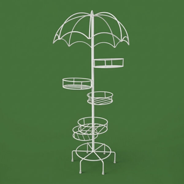 Tall white galvanised steel plant stand with an umbrella-shaped canopy top and six staggered circular tiers. Rust-resistant, powder-coated finish creates a whimsical, statement multi-plant display.