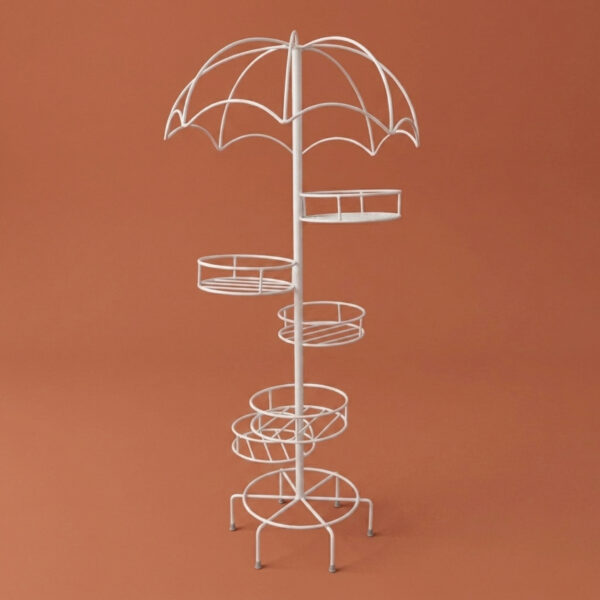 Tall white galvanised steel plant stand with an umbrella-shaped canopy top and six staggered circular tiers. Rust-resistant, powder-coated finish creates a whimsical, statement multi-plant display.