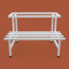 PS06MT0015a Two-tier white galvanised steel plant stand with elevated rectangular top and slatted lower shelf. Rust-resistant, powder-coated finish with protective feet, ideal for indoor or outdoor plant displays.