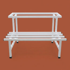 Two-tier white galvanised steel plant stand with elevated rectangular top and slatted lower shelf. Rust-resistant, powder-coated finish with protective feet, ideal for indoor or outdoor plant displays.