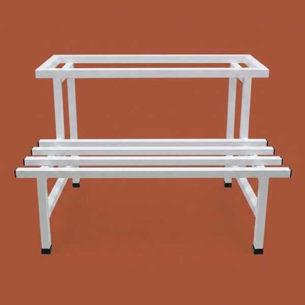 PS06MT0015a Two-tier white galvanised steel plant stand with elevated rectangular top and slatted lower shelf. Rust-resistant, powder-coated finish with protective feet, ideal for indoor or outdoor plant displays.