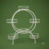 PS06MT0016f Ferris wheel-inspired white galvanised steel plant stand with five circular tiers around a bold round frame. Rust-resistant, powder-coated finish creates a striking multi-plant display centerpiece.