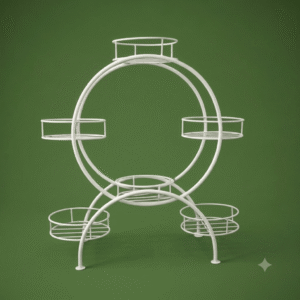Ferris wheel-inspired white galvanised steel plant stand with five circular tiers around a bold round frame. Rust-resistant, powder-coated finish creates a striking multi-plant display centerpiece.
