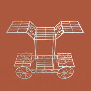 PS06MT0017a Whimsical white galvanised steel plant cart with wheel-shaped accents and five staggered tiered shelves. Rust-resistant, powder-coated finish adds decorative, vintage-inspired charm to garden or patio plant displays.