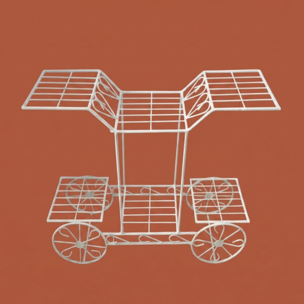 Whimsical white galvanised steel plant cart with wheel-shaped accents and five staggered tiered shelves. Rust-resistant, powder-coated finish adds decorative, vintage-inspired charm to garden or patio plant displays.