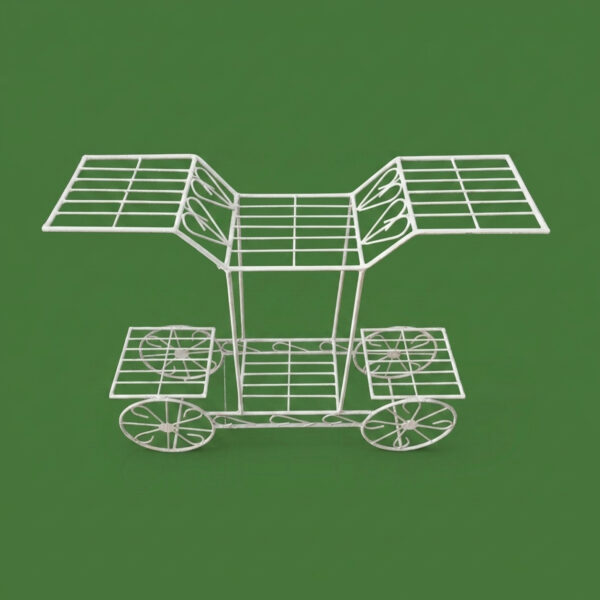 Whimsical white galvanised steel plant cart with wheel-shaped accents and five staggered tiered shelves. Rust-resistant, powder-coated finish adds decorative, vintage-inspired charm to garden or patio plant displays.
