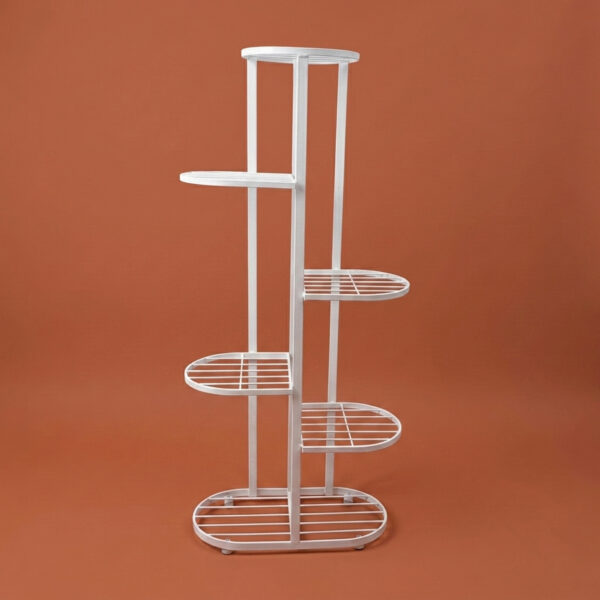 Tall white galvanised steel plant stand with five staggered half-round shelves in a zigzag layout. Rust-resistant, powder-coated finish makes it ideal for displaying multiple plants in a compact footprint.