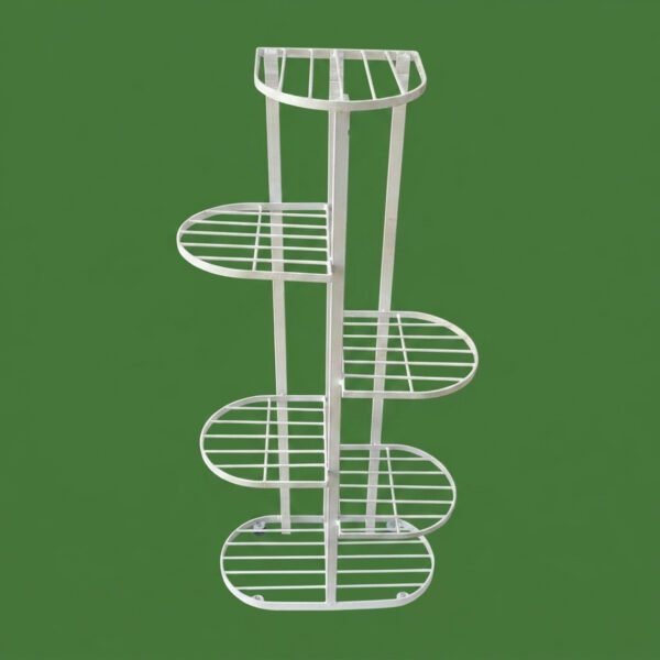 Tall white galvanised steel plant stand with five staggered half-round shelves in a zigzag layout. Rust-resistant, powder-coated finish makes it ideal for displaying multiple plants in a compact footprint.