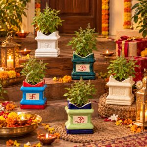 Return gift Sets at Rs 175/- each | 25 sets of Tulsi (Ocimum sanctum) in small Brindavan shaped ceramic Pot